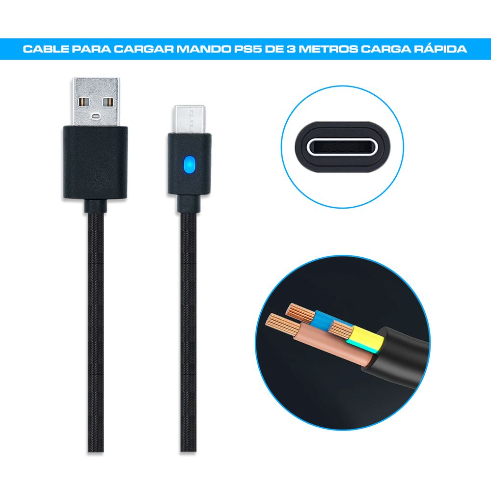 Cable de Carga y Datos 3 Metros para Mando PS5, Xbox X/S, Switch - Promart